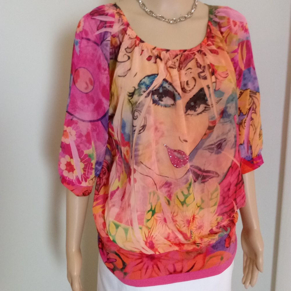 NY Collection Print & Sparkle Blouse Size Large